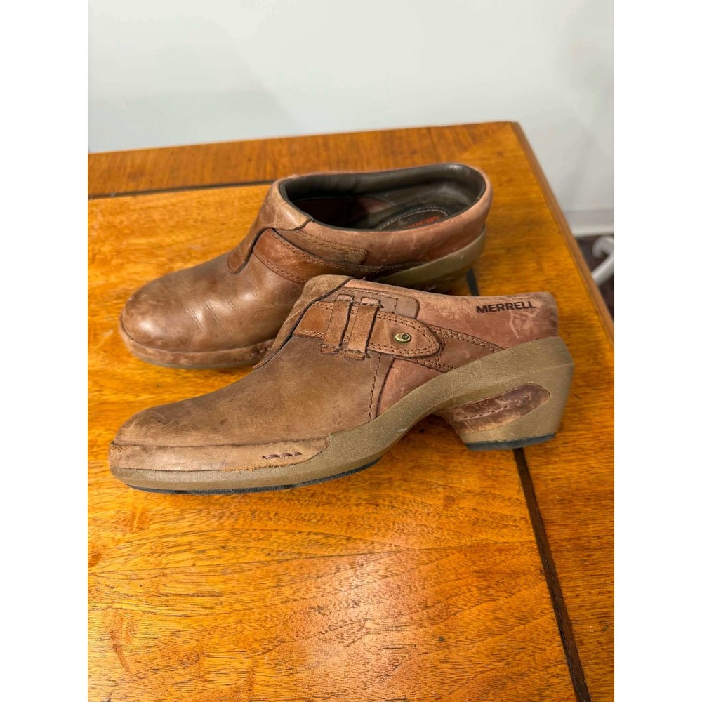 Merrell Brown Leather Clogs‎ Women 8 M Slip On Block Heel Comfort Shoes J46516